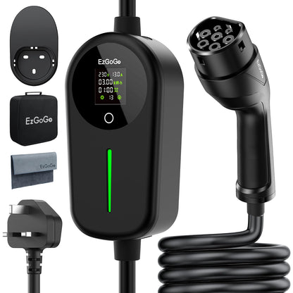 EzGoGo EV Charger 3 Pin Plug 32.81Ft/10M Type 2 Charging Cable 3kW, [6/8/10/13A] Electric Car Charger IP65 Advanced Protection car charging cable Suitable for EVs & PHEVs