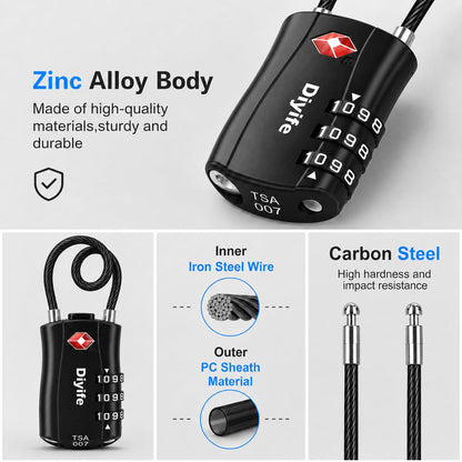 Diyife TSA Approved Luggage Locks with Flexible Steel Cable, Easy to Set up