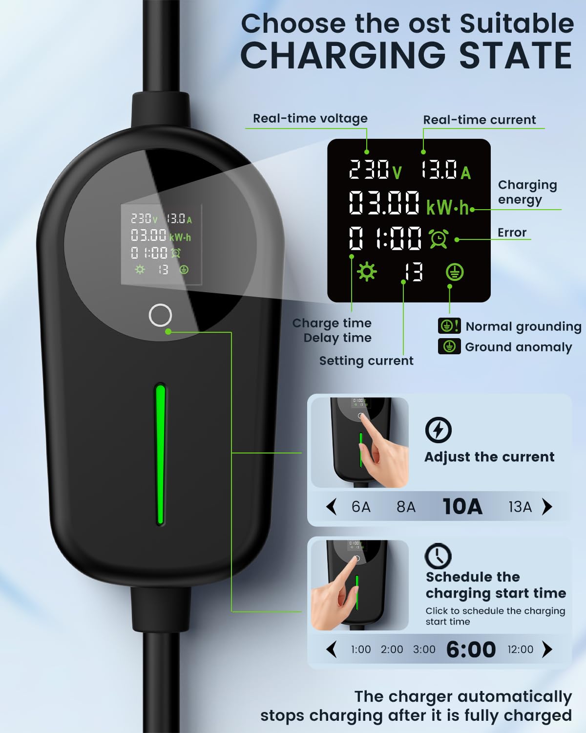 EzGoGo EV Charger 3 Pin Plug 32.81Ft/10M Type 2 Charging Cable 3kW, [6/8/10/13A] Electric Car Charger IP65 Advanced Protection car charging cable Suitable for EVs & PHEVs