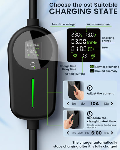 EzGoGo EV Charger 3 Pin Plug 32.81Ft/10M Type 2 Charging Cable 3kW, [6/8/10/13A] Electric Car Charger IP65 Advanced Protection car charging cable Suitable for EVs & PHEVs