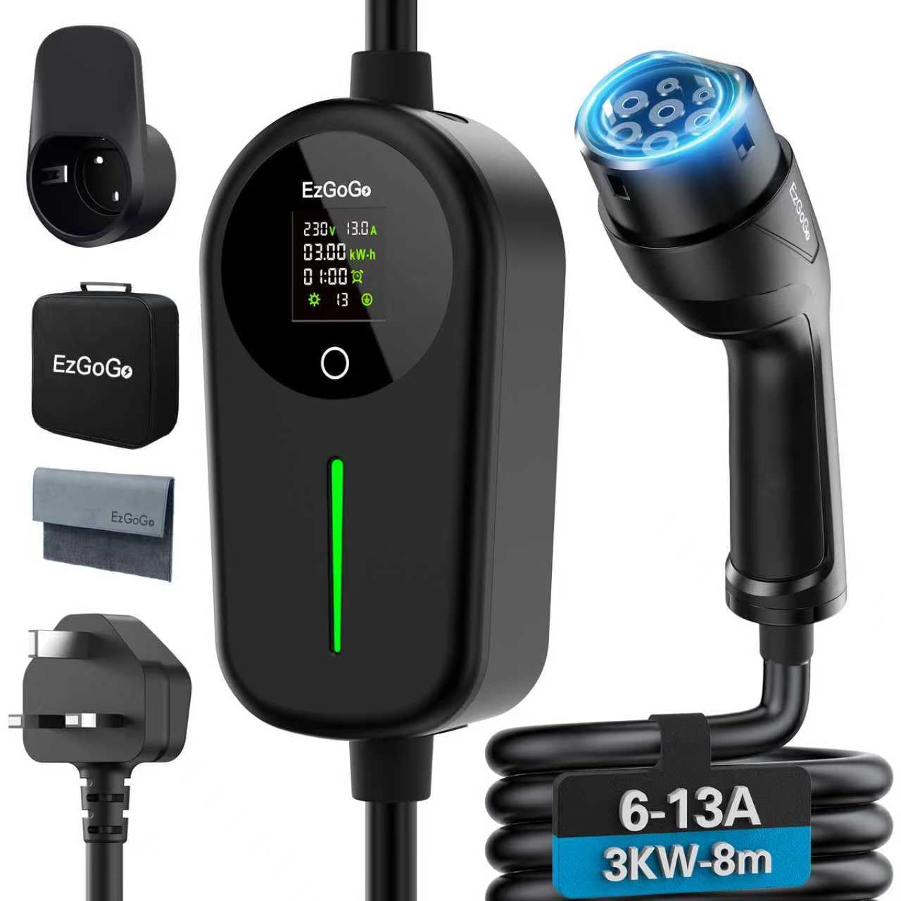 EzGoGo EV Charger 3 Pin Plug 32.81Ft/10M Type 2 Charging Cable 3kW, [6/8/10/13A] Electric Car Charger IP65 Advanced Protection car charging cable Suitable for EVs & PHEVs