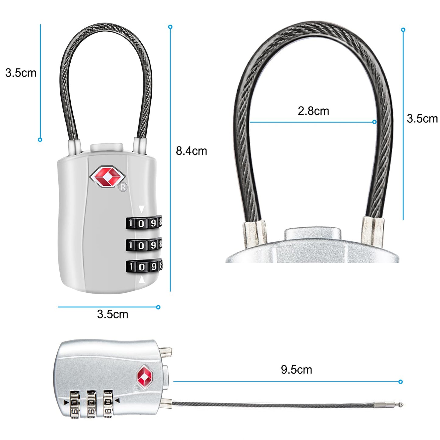 Diyife TSA Approved Luggage Locks with Flexible Steel Cable, Easy to Set up