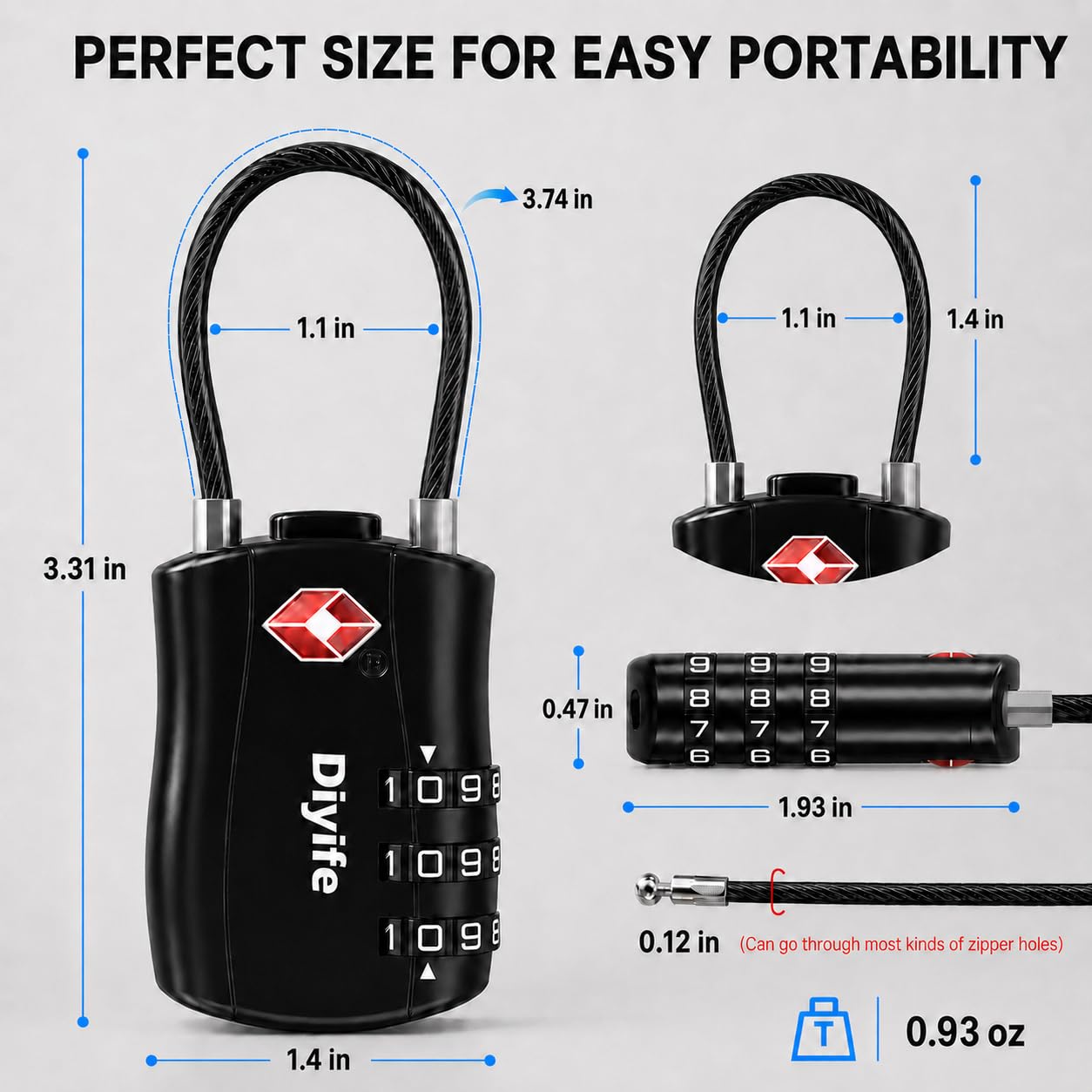 Diyife TSA Approved Luggage Locks with Flexible Steel Cable, Easy to Set up