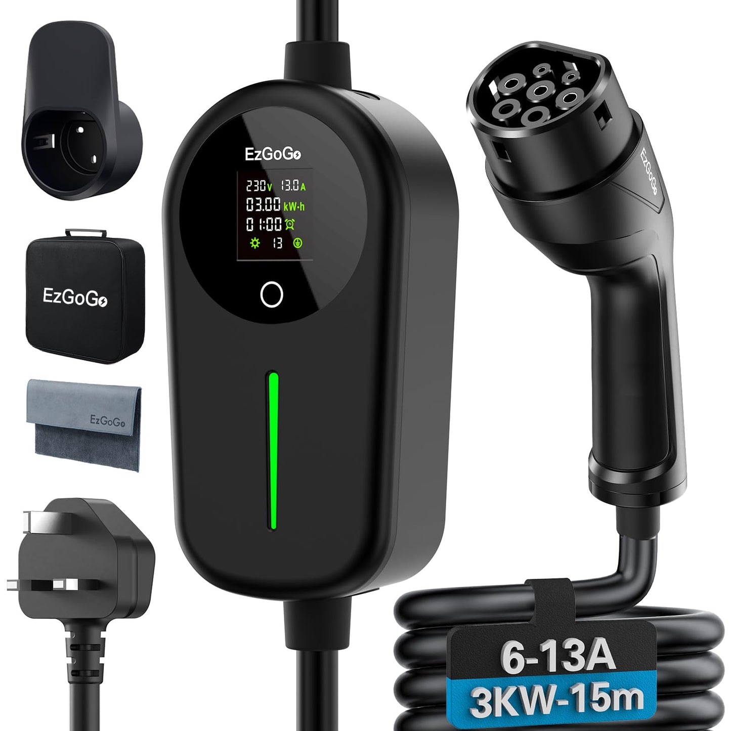 EzGoGo EV Charger 3 Pin Plug 32.81Ft/10M Type 2 Charging Cable 3kW, [6/8/10/13A] Electric Car Charger IP65 Advanced Protection car charging cable Suitable for EVs & PHEVs