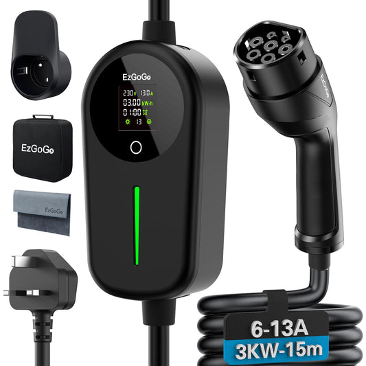 EzGoGo EV Charger 3 Pin Plug 32.81Ft/10M Type 2 Charging Cable 3kW, [6/8/10/13A] Electric Car Charger IP65 Advanced Protection car charging cable Suitable for EVs & PHEVs