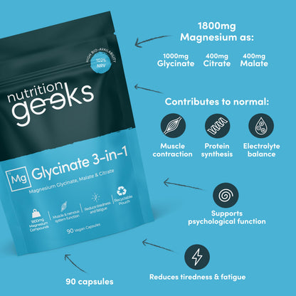 Magnesium Glycinate 3-in-1 Complex - 1800mg Supplements as Bisglycinate, Citrate & Malate 90 Vegan Capsules, Triple High Absorption 384mg Elemental, UK Made