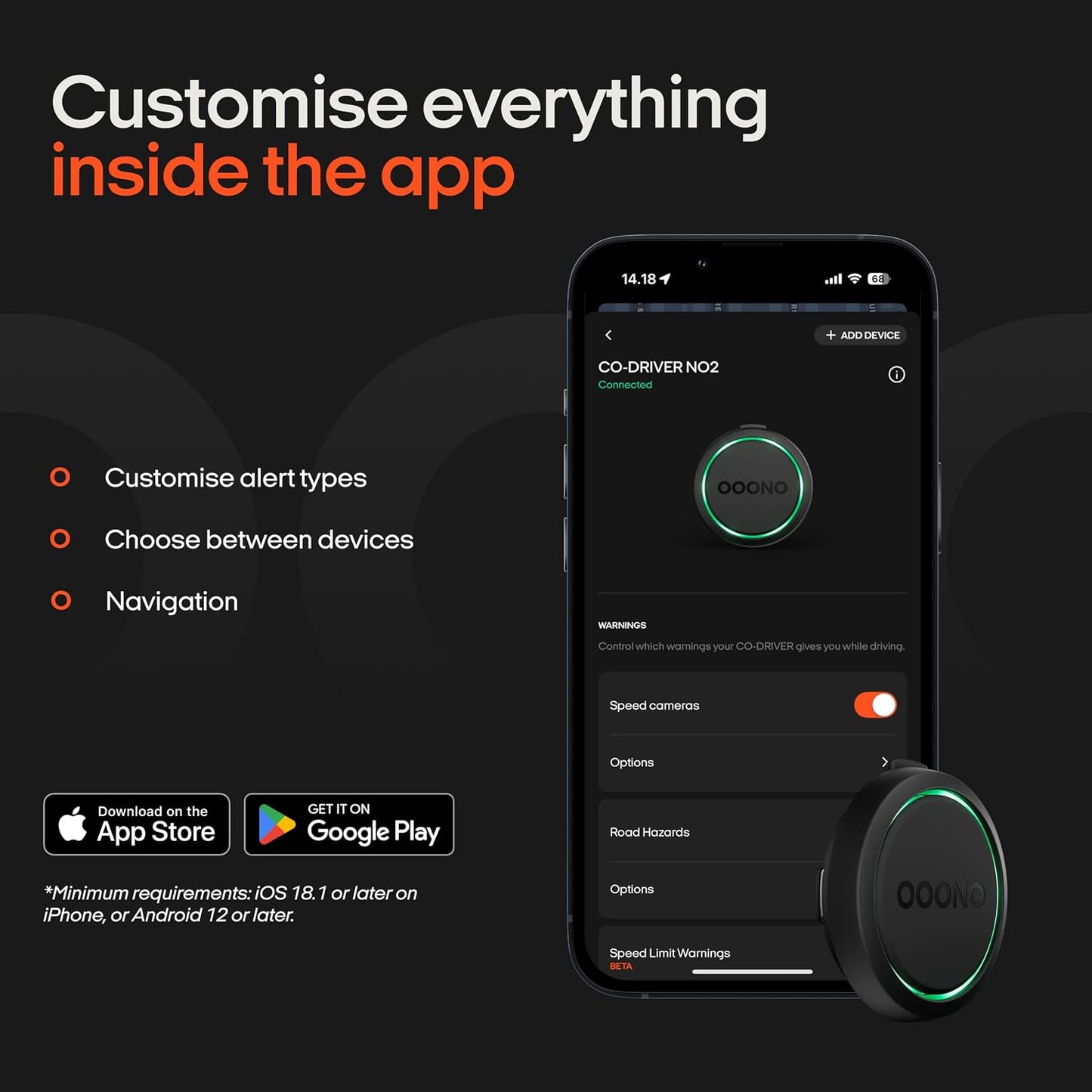 OOONO Co-Driver NO2 - next gen. traffic safety alarm - warns of speed cameras and road hazards - rechargeable - LED indicator - CarPlay & Android Auto compatible