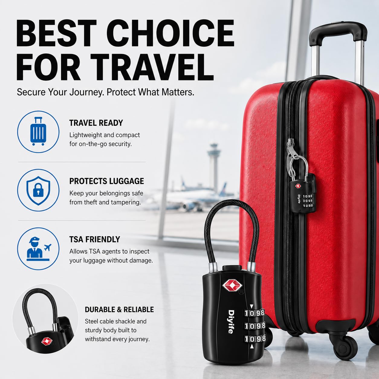 Diyife TSA Approved Luggage Locks with Flexible Steel Cable, Easy to Set up