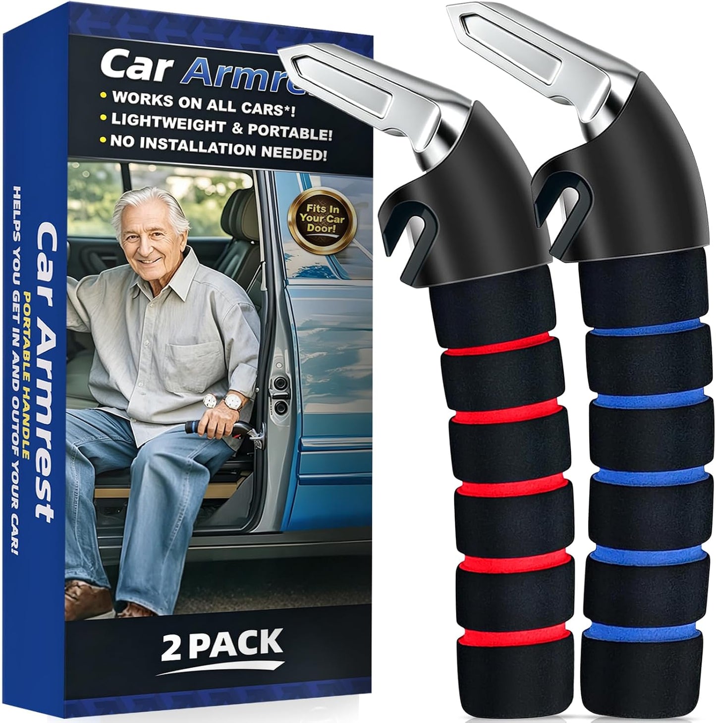 KOUNATSURI Car Door Handle for Elderly Car Assist Support Handle Multifunction Car Door Latch Bar for Seniors and Handicapped Blue and Red