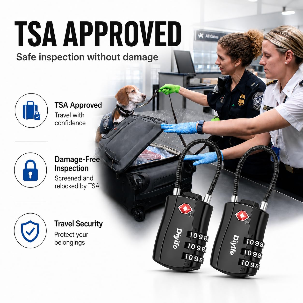 Diyife TSA Approved Luggage Locks with Flexible Steel Cable, Easy to Set up