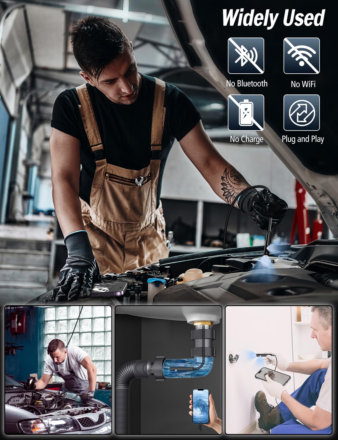 1920P HD Endoscope Inspection Camera, 32.8ft Semi-Rigid Camera