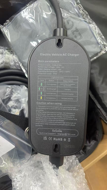 EzGoGo EV Charger 3 Pin Plug 32.81Ft/10M Type 2 Charging Cable 3kW, [6/8/10/13A] Electric Car Charger IP65 Advanced Protection car charging cable Suitable for EVs & PHEVs
