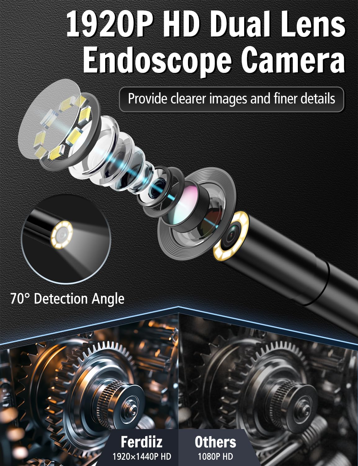 1920P HD Endoscope Inspection Camera, 32.8ft Semi-Rigid Camera