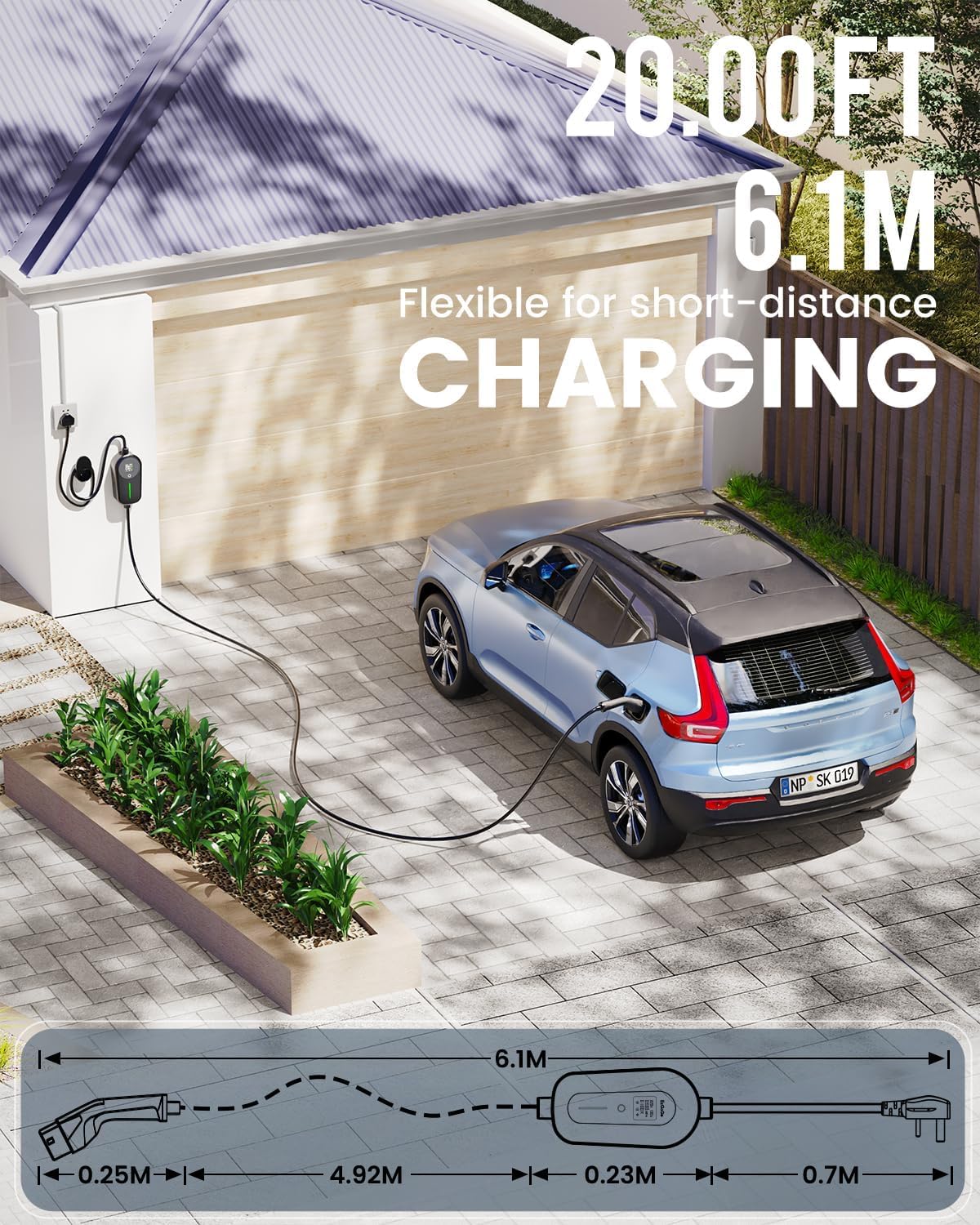 EzGoGo EV Charger 3 Pin Plug 32.81Ft/10M Type 2 Charging Cable 3kW, [6/8/10/13A] Electric Car Charger IP65 Advanced Protection car charging cable Suitable for EVs & PHEVs