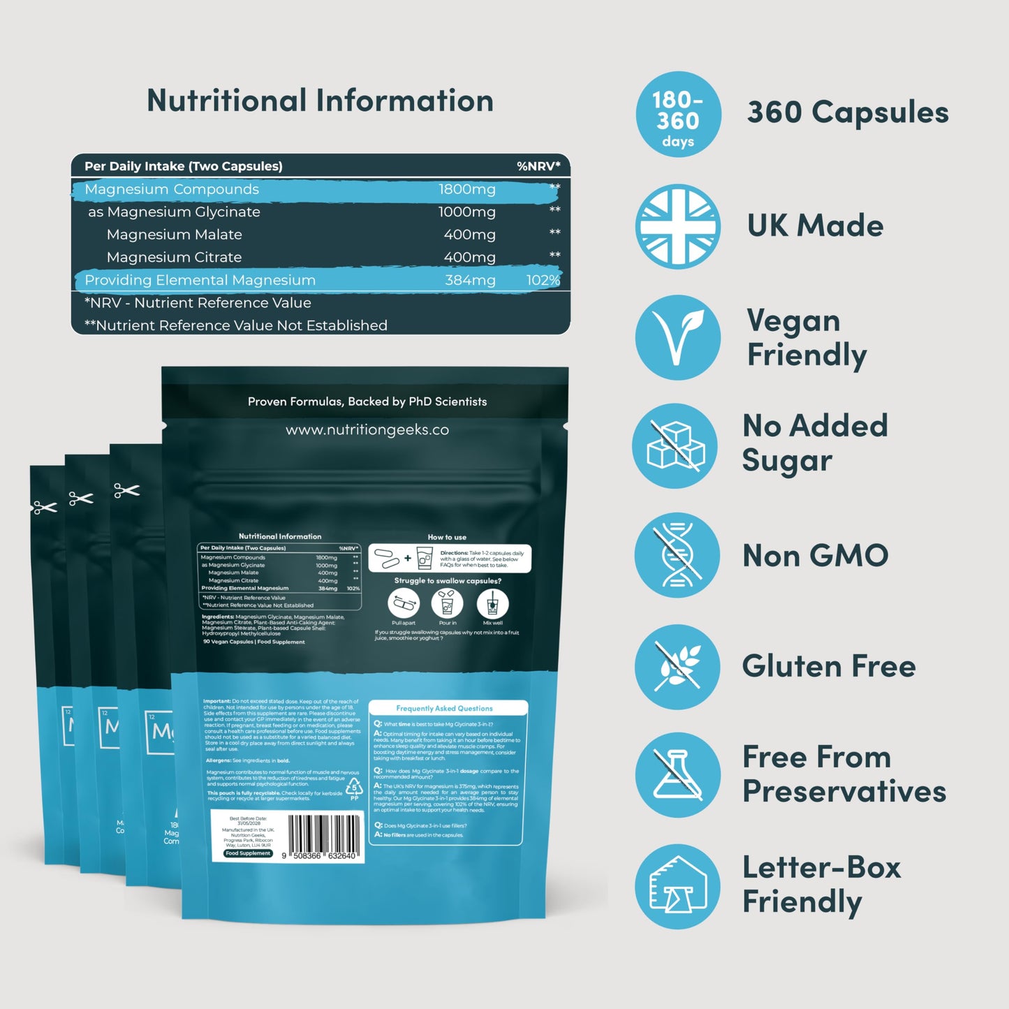 Magnesium Glycinate 3-in-1 Complex - 1800mg Supplements as Bisglycinate, Citrate & Malate 90 Vegan Capsules, Triple High Absorption 384mg Elemental, UK Made