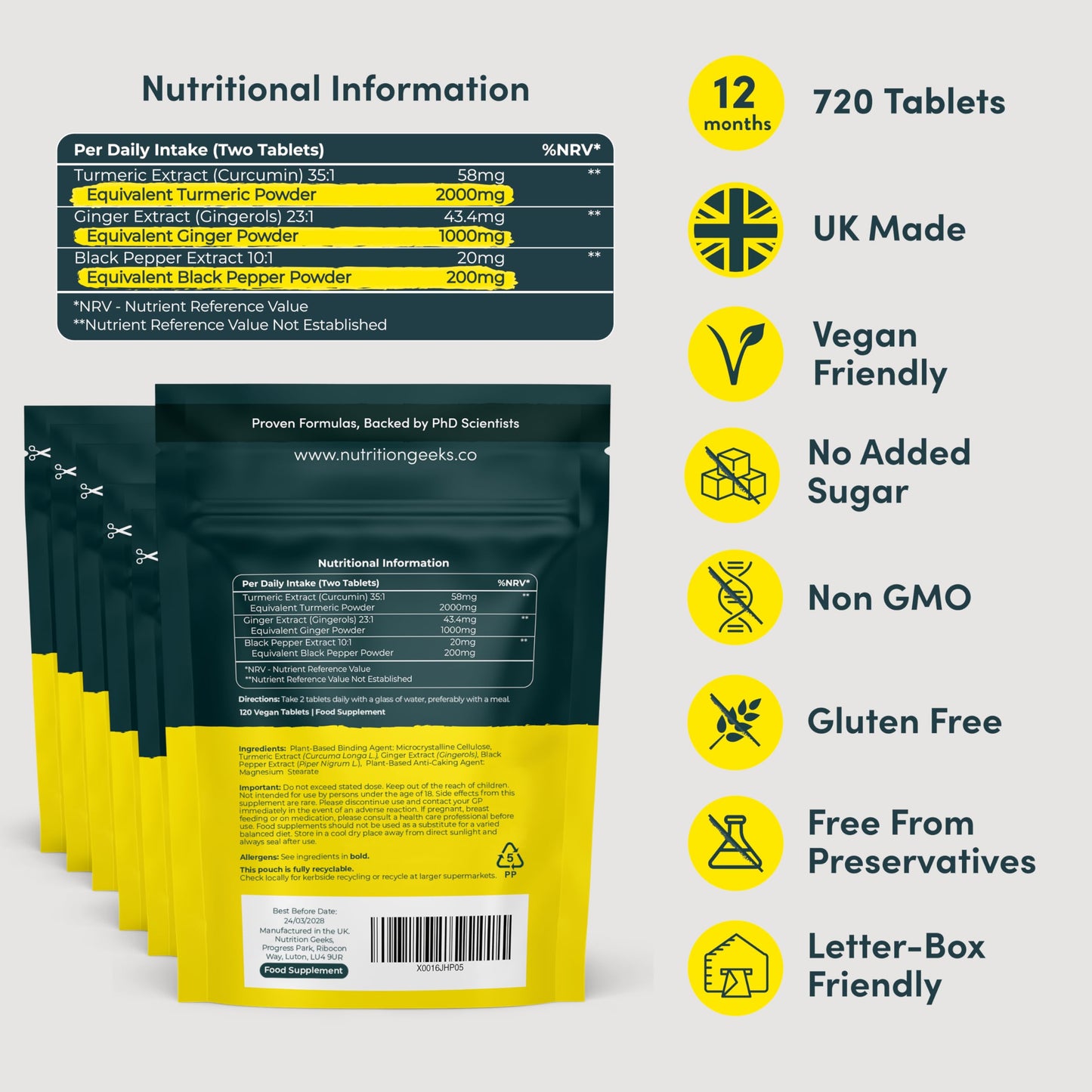 Turmeric Tablets 2000mg with Black Pepper & Ginger - 120 High Strength Curcumin Supplements - Easy Swallow Tablets (Not Turmeric Capsules or Powder) - Vegan - UK Made