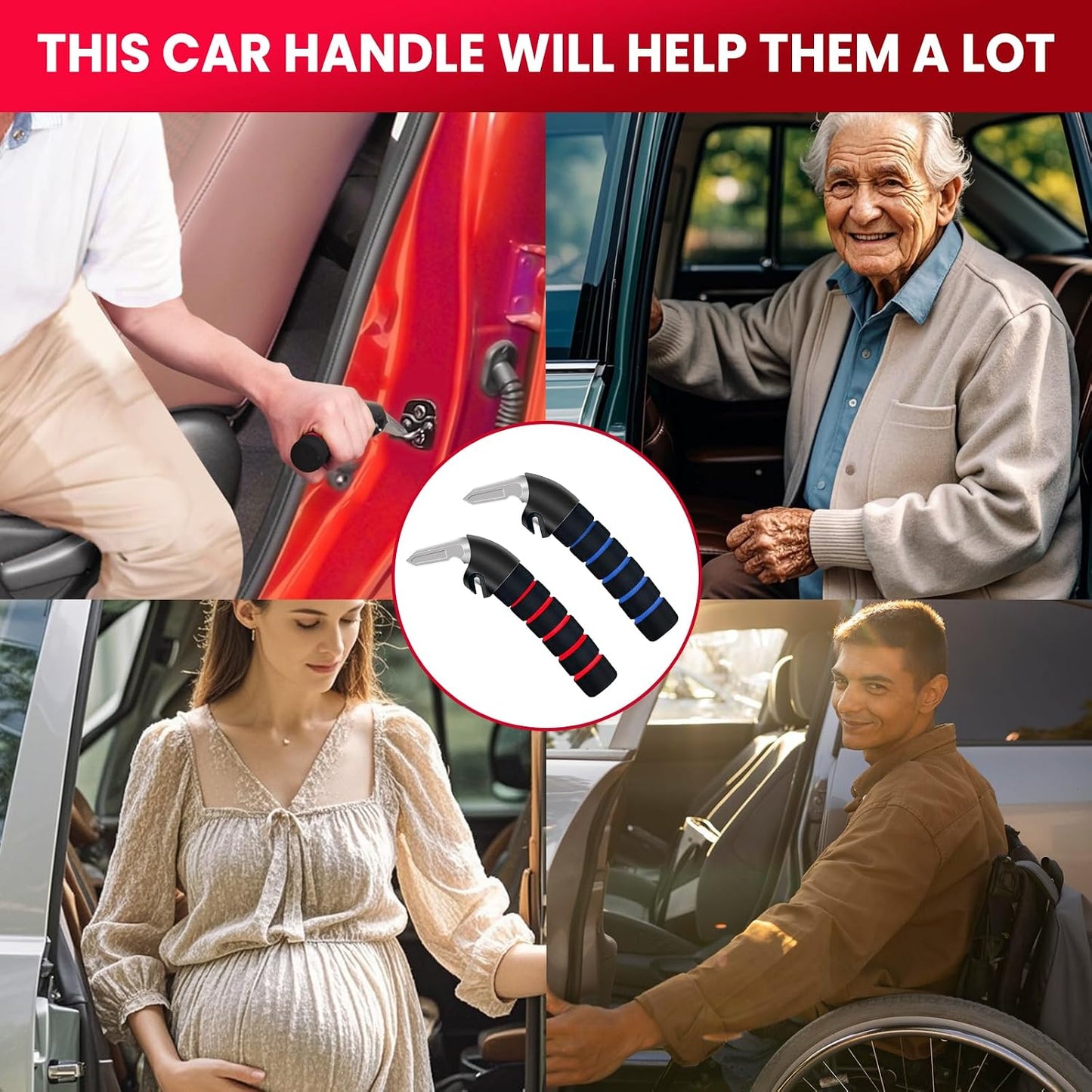 KOUNATSURI Car Door Handle for Elderly Car Assist Support Handle Multifunction Car Door Latch Bar for Seniors and Handicapped Blue and Red