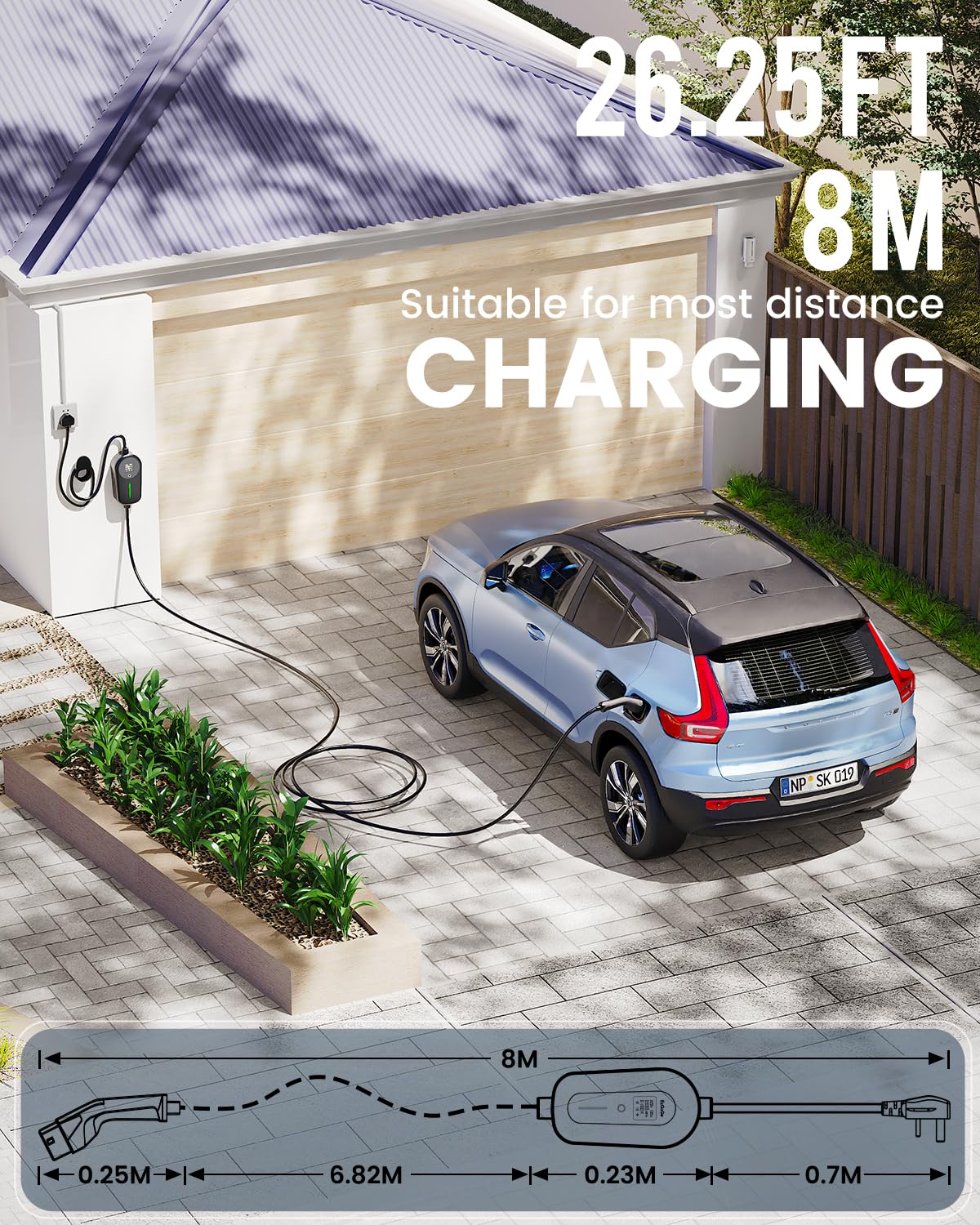 EzGoGo EV Charger 3 Pin Plug 32.81Ft/10M Type 2 Charging Cable 3kW, [6/8/10/13A] Electric Car Charger IP65 Advanced Protection car charging cable Suitable for EVs & PHEVs