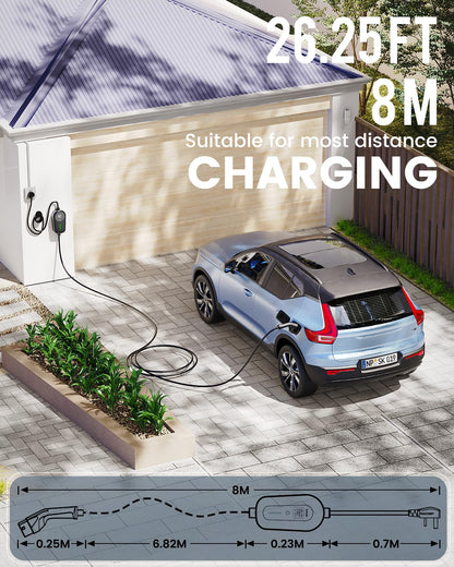 EzGoGo EV Charger 3 Pin Plug 32.81Ft/10M Type 2 Charging Cable 3kW, [6/8/10/13A] Electric Car Charger IP65 Advanced Protection car charging cable Suitable for EVs & PHEVs